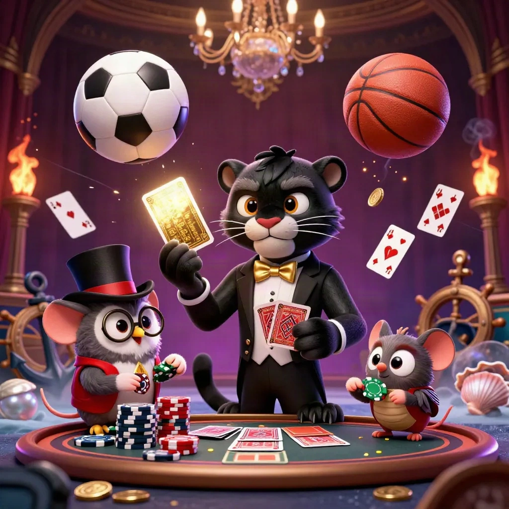 Panther, burung hantu, dan tikus di lautan harta dengan bola, koin, dan cahaya emas-ungu.