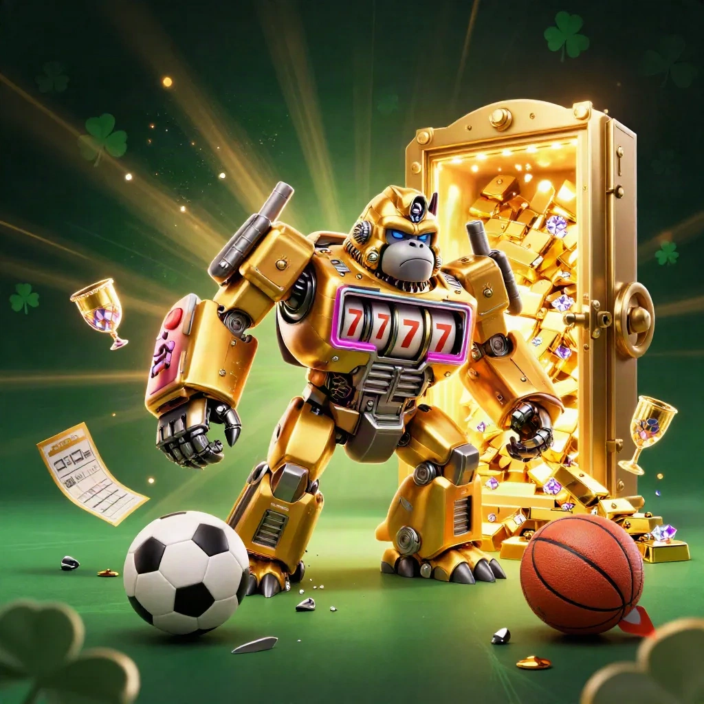 Mech gorila emas dengan pilot monyet, bola sepak dan basket, harta kasino meledak.