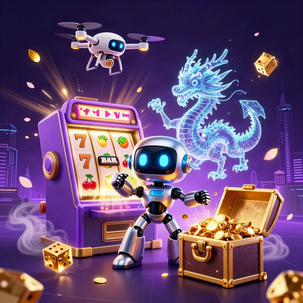 Robot cyberpunk, naga holografik, dan drone di tengah ledakan jackpot kasino neon ungu.