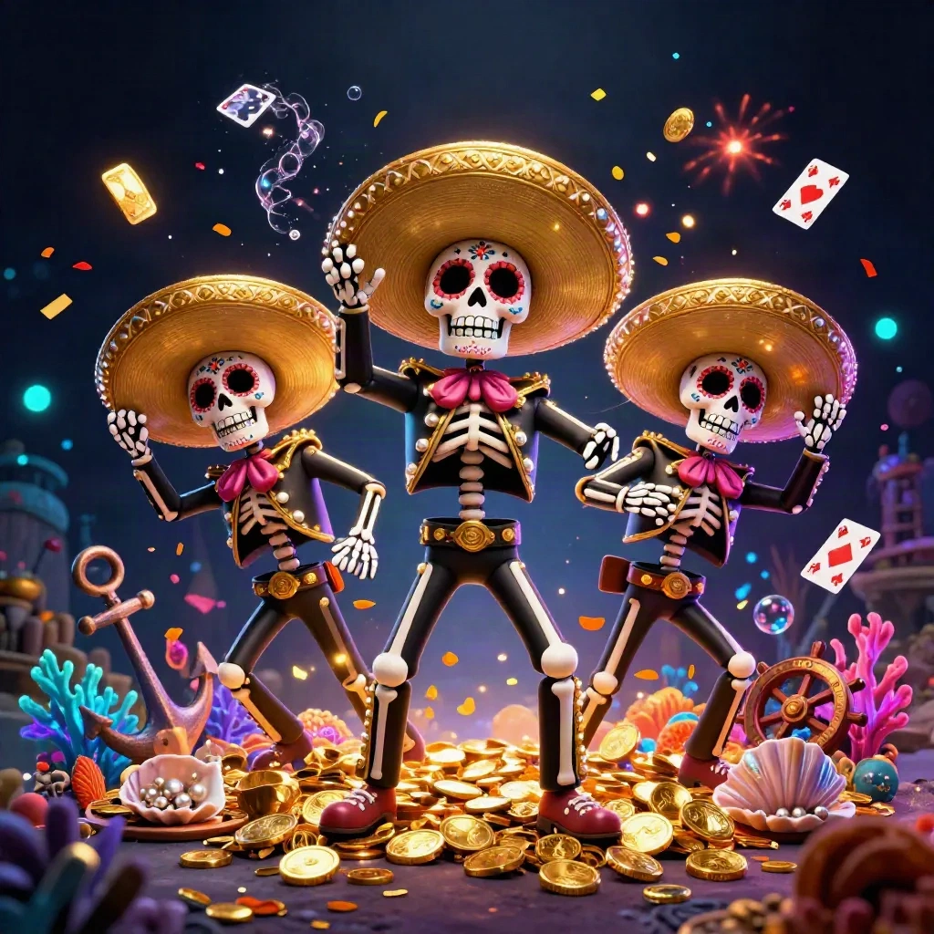 Trio skeleton mariachi Day of the Dead di cove harta laut, emas dan neon ungu meledak.